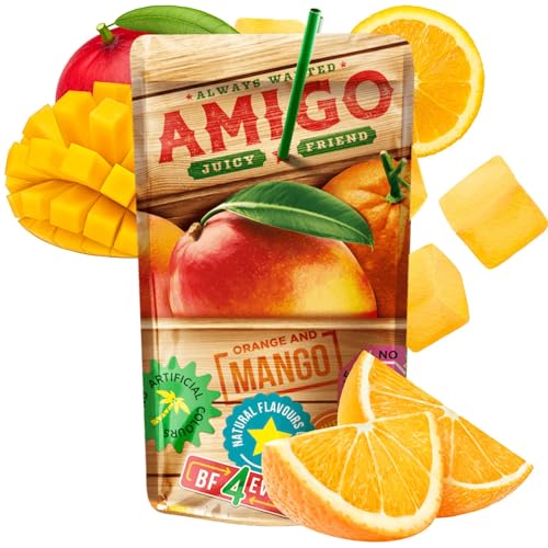 Jugo de frutas Amigo Juicy Friend, bebida infantil con pajita, refrescos, zumo de fruta natural, sin sabores artificiales, edulcorantes, colores y conservantes (8 unidades, naranja)