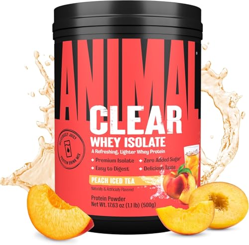 ANIMAL Clear Whey Protein en polvo (Peach Iced Tea) - Isoclear con 20 g de proteína y 5 g de BCAA para el desarrollo muscular. Batido de proteínas sin azúcares añadidos y aminoácidos – 500g