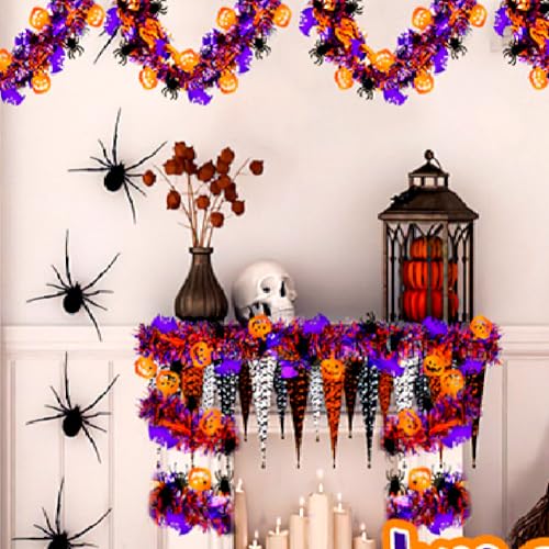Image of 66 Ft Halloween Tinsel Garland with Orange Pumpkin Black Spider Purple Bat Glitter Tinsel Garland for Home Tree Ornaments Indoor Outdoor Party Halloween Decorations