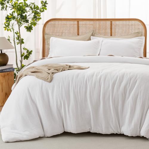 Image of David's Home Cotton Muslin Comforter Set Queen Size, 100% Cotton Cover Ultra-Soft Breathable Lightweight Skin-Friendly for Spring Summer, 3PCS Linen Like Gauze Bedding with Polyester Filling, White