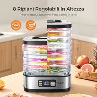 YASHE Essiccatore Alimentare 8 Vassoi, Tempo e Temperatura Regolabili 72H, Include Griglie a Rete, Vassoio per Rotoli di Frutta e Pinza Inox per Jerky, Frutta, Carne, Verdure, Erbe, Senza BPA