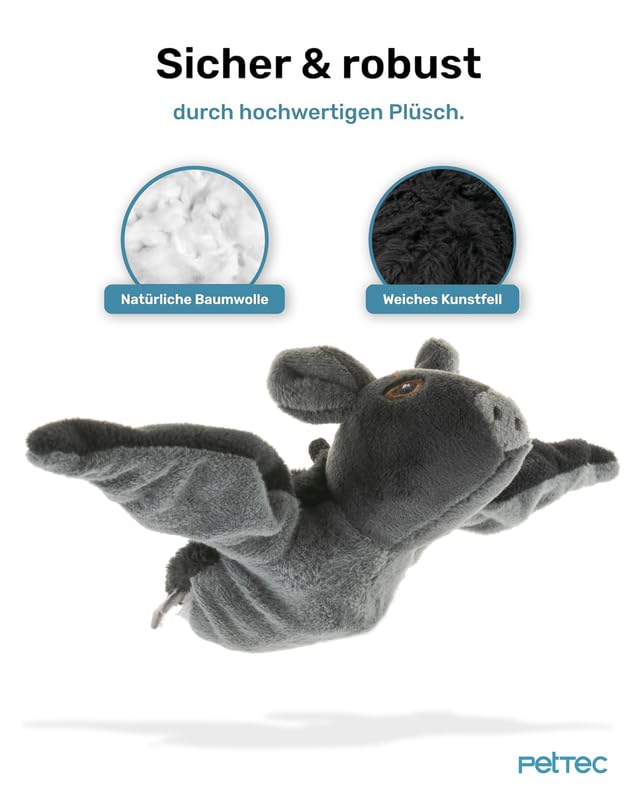 PetTec - Plush Toy Murciélago Juguete interactivo para el autoempleo - Gato de peluche portátil y recargable con USB-C incl. hierba gatera - Despierta el instinto de caza con pitido y alas