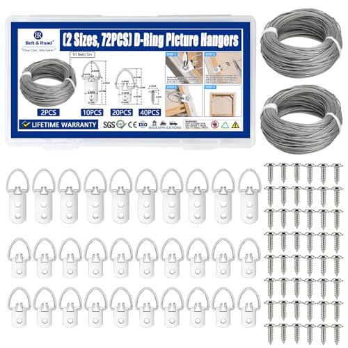 (2 Sizes 72PCS) D-Ring Picture Hangers with Hanging Wire Kit 20 Single Hole & 10 Double Hole Hangers with 40 Screws | Heavy Duty Wall Hooks for Frames Mirrors Canvas and Artwork