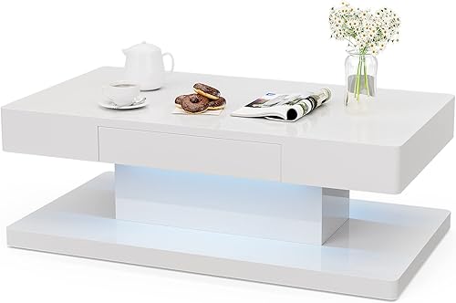 Miniatura 15 de Mesa de centro LED moderna, mesa de centro blanca de alto brillo con luces LED de 16 colores, mesa de centro rectangular contemporánea para sala de