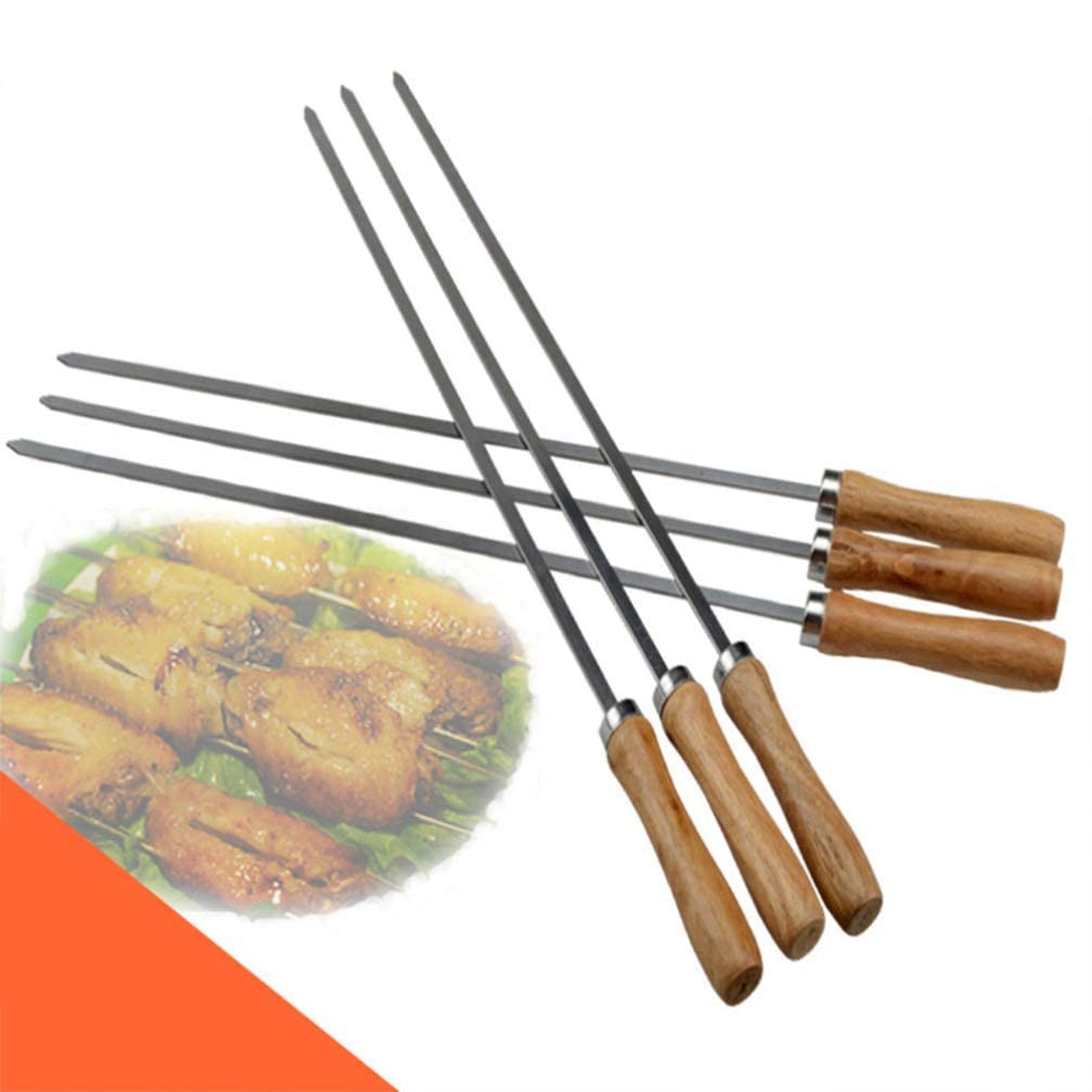 6 pezzi Manico in legno Spiedino per barbecue Spiedini per Kabob in acciaio inossidabile Bastoncini piatti in metallo Spiedini per grigliate Forchetta per arrostire per falò per la casa all'aperto