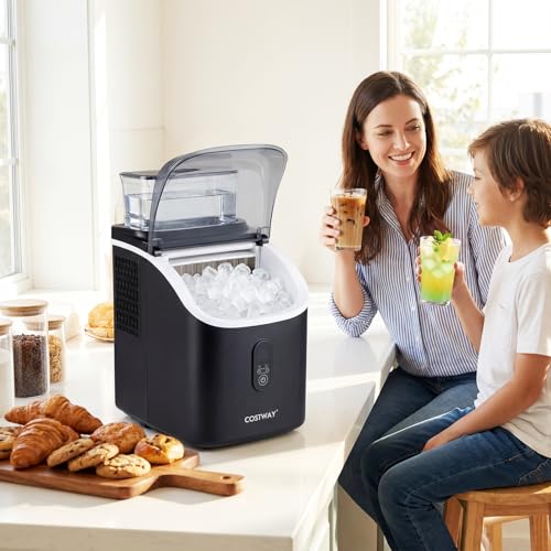 COSTWAY Machine à glaçons avec réservoir d'eau externe, 16Pcs Prêt 6 Mins, 34Lbs/24H Machine à glace portable avec 13 Niveaux d'épaisseur, auto-nettoyage, 24H Réservation pour le bar du Home Office, Noir