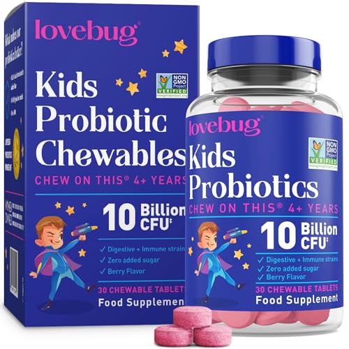 lovebug PROBIOTICS for Kids – Probiotic Chewables with Prebiotic Fiber for Age 4+, Daily Children's Gut Health, Constipation, Sugar-Free Berry Flavor, 30 ct