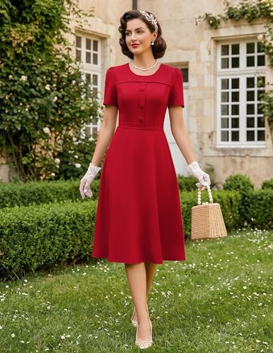 Image of Wedtrend 1950's Vintage Dresses for Women Modest Church Dress with Pockets Short Sleeve Tea Party A-Line Cocktail Dresses