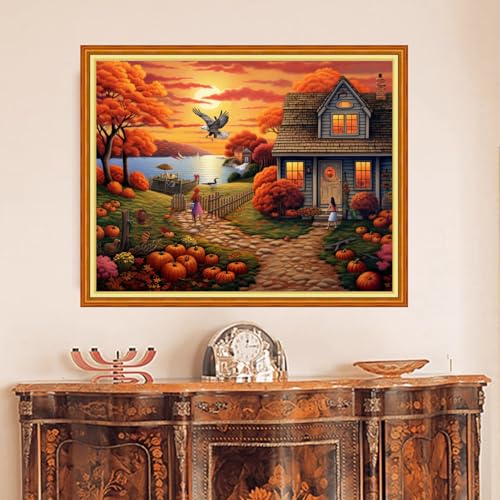 Image of DMCVIVR Stamped Cross Stitch Kits for Beginners Adults Needlepoint Kits for Beginners Embroidery Kits for Adults Crossstitch Kit for Beginners 11CT-Seaside Home 16x20 inch