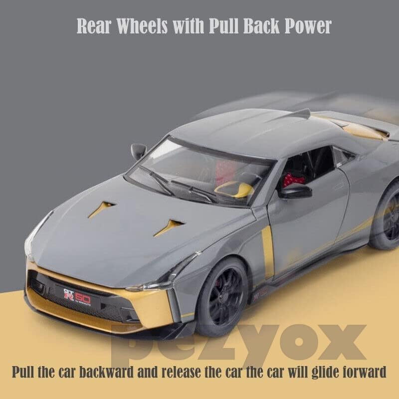 Image of Diecast GT R-50Toy Car 1:24 Scale Model,Pull Back Vehicles Alloy Simulation Supercar with Lights and Sound Also for Car Dashboard,Kids,Adult (Grey)