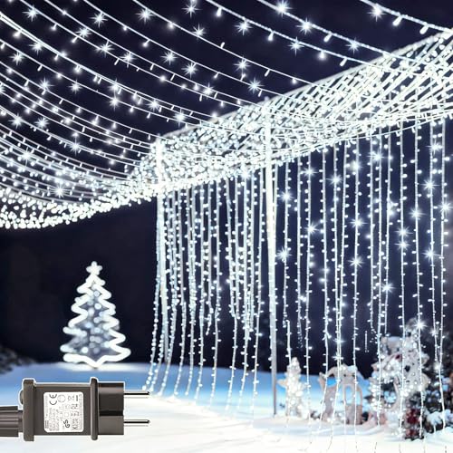 yowin 2 Pezzi Tenda Luminosa Esterno Interno, 600 LED 6m x 3m Tenda Luci Natale, 8 Modalità Impermeabile Cascata Luci per Addobbi Natalizi, Giardino, Matrimonio - Bianco