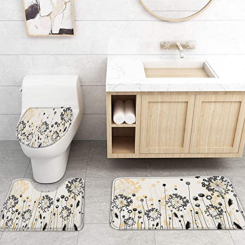 ZDDWLDL 4Pcs Duschvorhänge Set Mit Rutschfesten Teppichen,Toilettendeckel und Badematte Weiße Schwarze Khakiblüten… – Bild 3