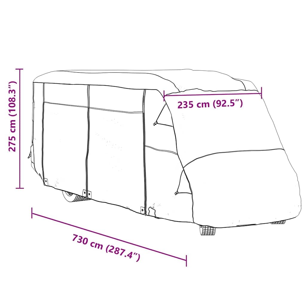 Pokrowiec ochronny do kampera, szary, 730 x 235 x 275 cm, włóknina, plandeka okryciowa z 8 parami pasków z klamrą, wiatrem, deszczem, śniegiem, promieniowaniem UV, do użytku na zewnątrz i na