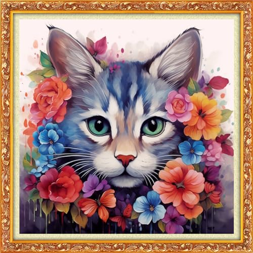 Image of Funxvoot Stamped Cross Stitch Kits Beginners Full Range of Embroidery Kits for Adults 11CT Embroidery Patterns Needlepoint Kits Printed Cross Stitch Kits-Flower Cat 18x18 inch