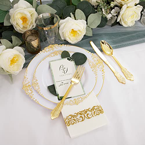 Nervure 175Pcs White And Gold Plastic Plates & Gold Plastic Silverware - Include 25White Dinner Plates,25Gold Dessert Plates, 25Forks, 25Spoons, 25Knives, 25Cups 25Napkins For Wedding & Party #TOP1