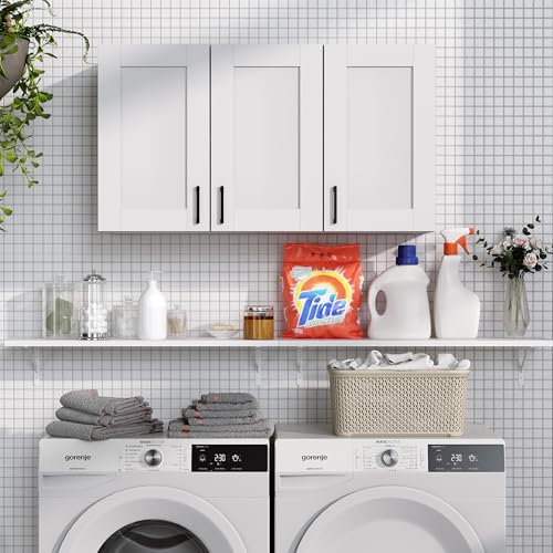 Image of White Laundry Room Cabinets and Storage with 3 Doors and Utility Adjustable Shelf,Gabinetes Para Cocina Cupboard Kitchen Organizers and Storage Pantry Wall Mounted 12.4 inchD x 35.4 inchW x 19.7 inchH