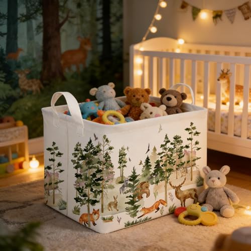 Image of Rectangular Woodland Animal Basket Kids Baby Storage Basket,Bear Fox Boys Girls Gift Toy Box Bin for Nursery, Shelf Book Woodland Room Decor,Gift Baskets(Tree animals)
