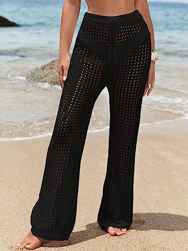 COZYEASE Women's Beach Cover Up Pants Hollow Out Drawstring Elastic High Waist Bathing Suit Cover Up Beach Pants4