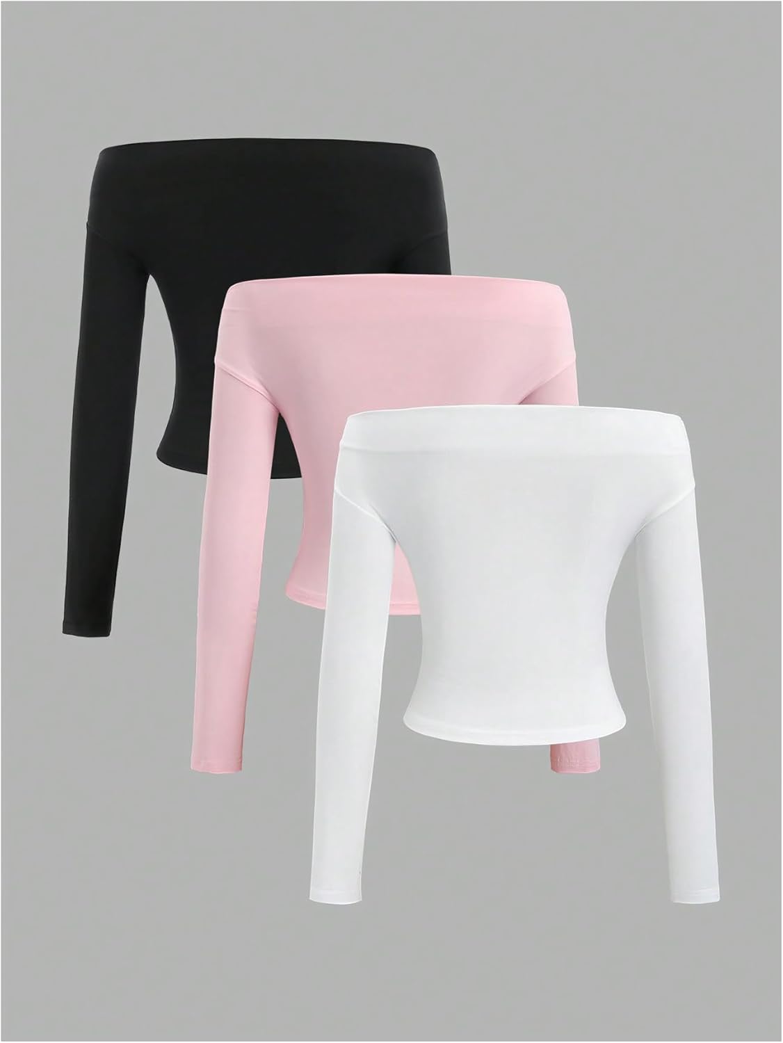 WDIRARA Women's 3 Pack Off Shoulder T-Shirts Long Sleeve Ruched Tee Shirts Slim Fit Tops - Image 2