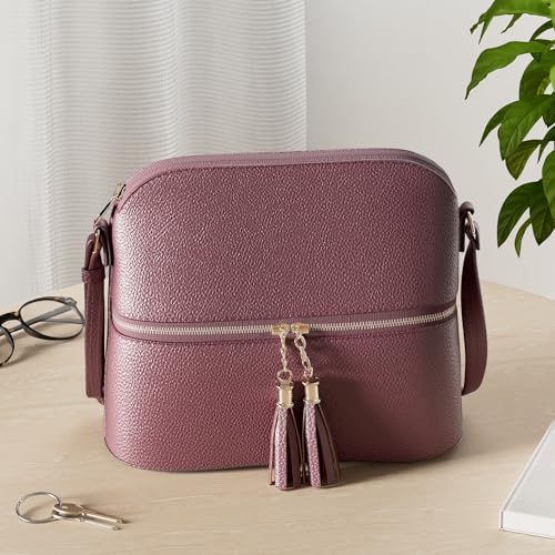 Image of SG SUGU Lunar Lightweight Medium Dome Crossbody Bag Shoulder Bag with Tassel | Zipper Pocket | Adjustable Strap