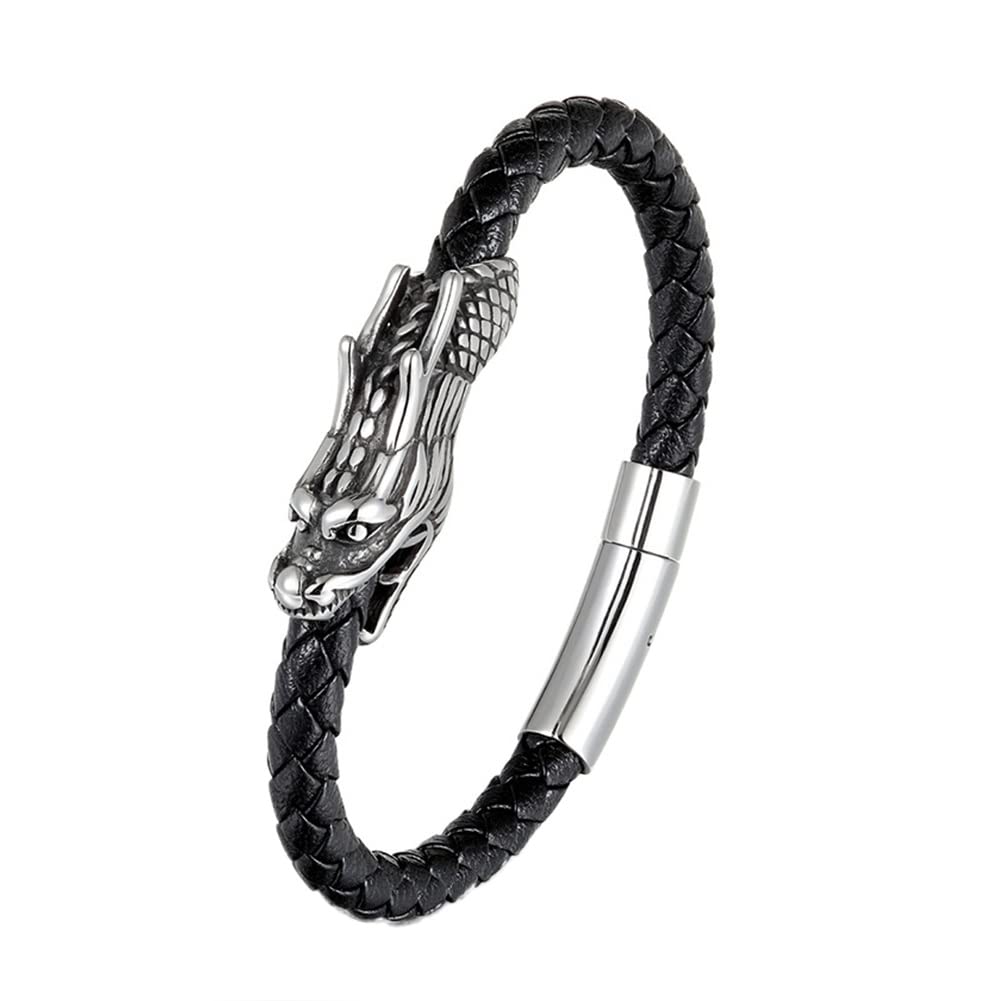 Men Viking Dragon Leather Braided Bracelet - Vintage Stainless Steel Dragon Head Braided Leather Cords Wristband -Norse Mythology Animal Amulet Jewelry(23CM)