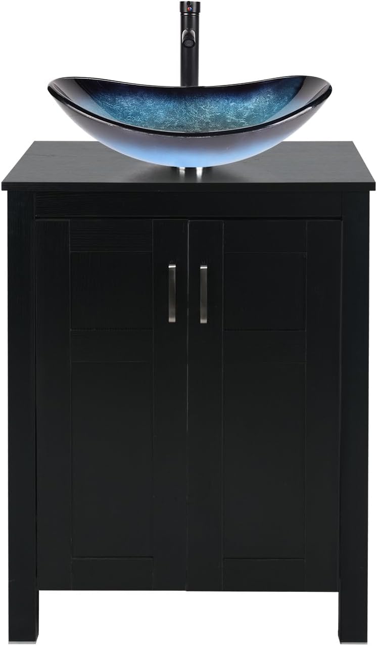 YOURLITE 24" Bathroom Vanity with Sink, Black Bathroom Vanity and Sink Combo with Faucet & Pop Up Drain Set,Traditional Vanity with Blue Glass Bowl Bathroom Sink