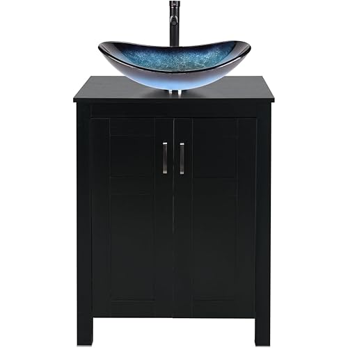 YOURLITE 24" Bathroom Vanity with Sink, Black Bathroom Vanity and Sink Combo with Faucet & Pop Up Drain Set,Traditional Vanity with Blue Glass Bowl Bathroom Sink