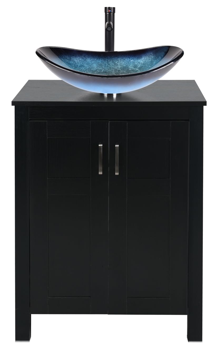 YOURLITE 24" Bathroom Vanity with Sink, Black Bathroom Vanity and Sink Combo with Faucet & Pop Up Drain Set,Traditional Vanity with Blue Glass Bowl Bathroom Sink (Does not come with sink)