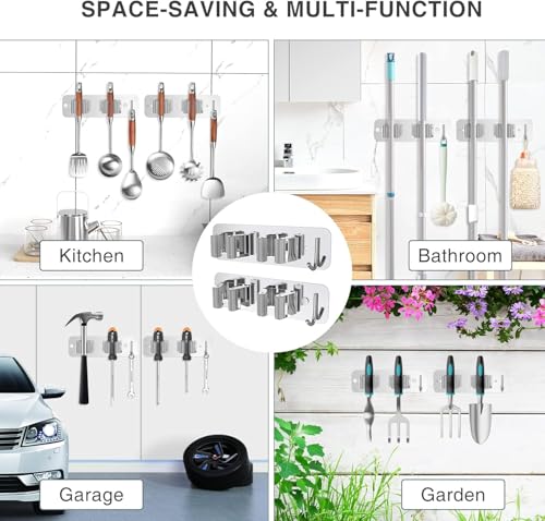 Image of Enclave Stainless Steel Mop and Broom Holder Wall Mounted Adhesive Storage Solutions for Broom mop etc, Garage Storage Systems Broom Organizer. (2 RACK 1 HOOK /SILVER, PACK OF 1)