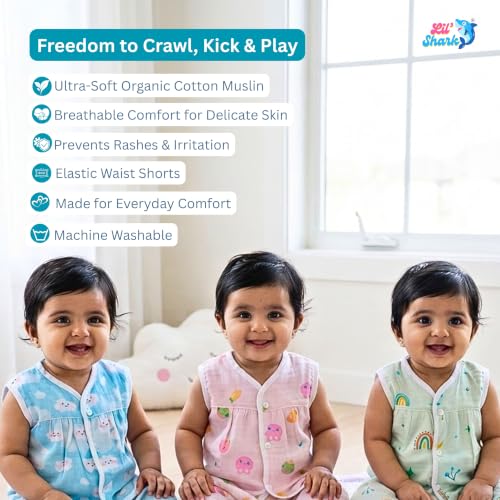 Image of Lil' Shark Muslin Cotton Frock Jhabla Set for Newborn Baby Girls | Sleeveless Vests | Summer Baby Dress 0-12 Months | Breathable Clothes | Assorted Prints