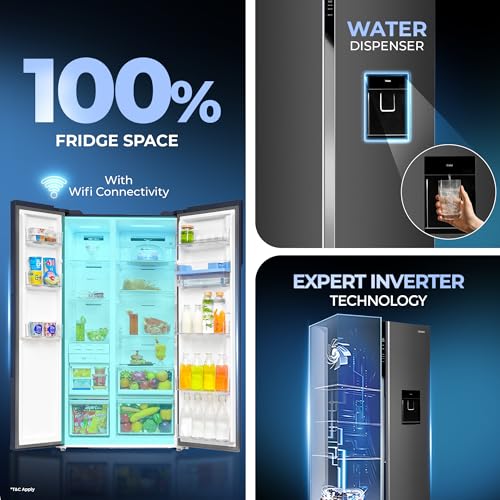 Image of Haier 596 L 3 Star Frost Free Expert Inverter Smart Sense AI enabled 2-Door Side by Side Refrigerator (HRS-682WGKU1, Graphite Black, Magic Convertible, In-built Water Dispenser, 2026 Model)