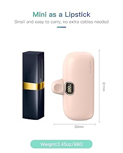 Kuulaa Portable Charger USB C with Built-in USB-C Plug, 5000mAh PD20W Fast Charging Power Bank, LCD Digital Display Battery Pack for iPhone 15/16,Samsung S22/S23 & Android (Pink)