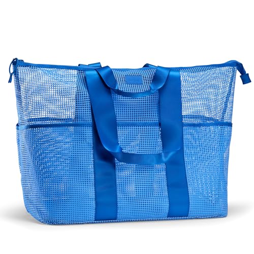 Fit & Fresh The Shore Thing™ Marine Grade Mesh Beach Bag with Pockets - Waterproof Sandproof Tote Bag, Lightweight Foldable Tote Bag, XL Travel Bag, Beach Vacation Essentials, Marina Blue