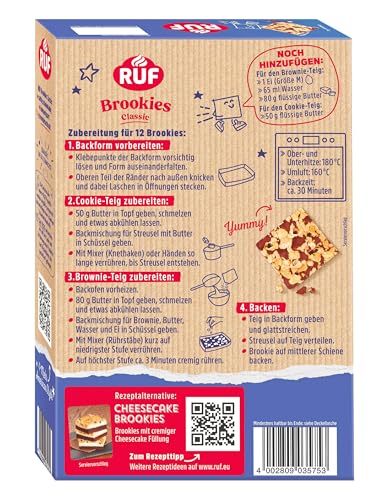 RUF Brookies, Brownies & Cookies vereint in einer schokoladigen Backmischung, inklusive praktischer Papier-Backform, einfache Zubereitung