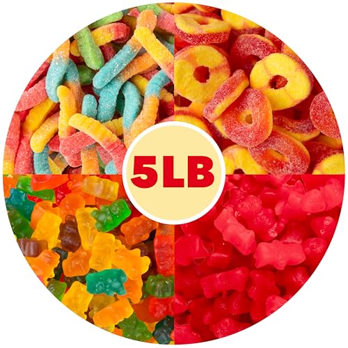 Image of 5 lb Bulk Gummy Candy Mix - Gummy Bears, Sour Gummy Worms, Cinnamon Gummy Bears & Peach Rings Bulk - Assorted Gummies Fruit Snacks for Parties, Candy Buffets, Bulk Snacks & Gifting