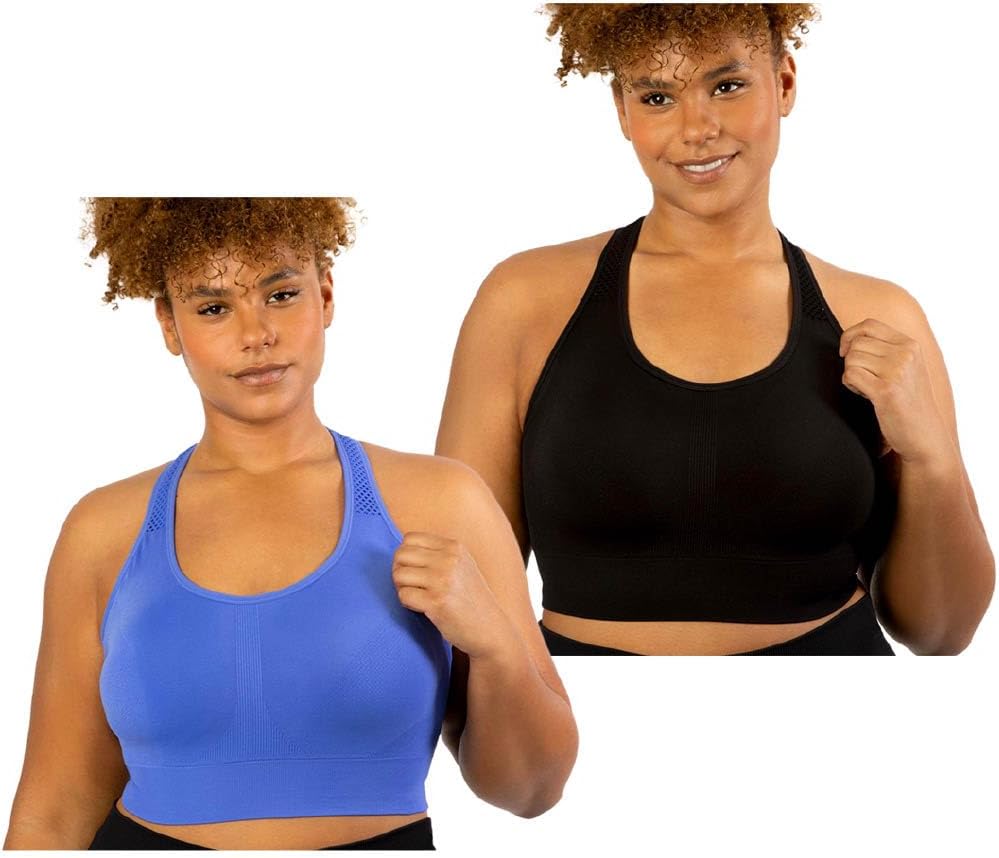 Under Control Plus Size Sport Bras for Women Large Bust Seamless Racerback Padded Yoga Workout Bras Black White Pack 1X-2X-3X