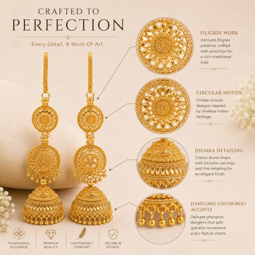 Image of Shreyadzines Gold Plated Jhumka Earrings with Ear Chain for Women | Traditional gold plated jhumka earrings with attached ear chain, wedding jewelry, lightweight support design