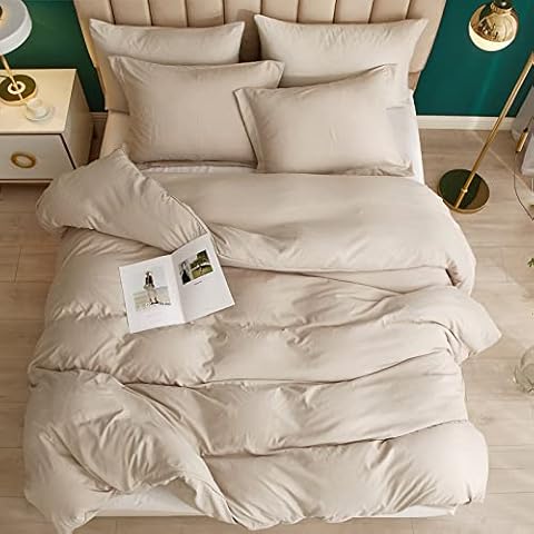 AOJIM Duvet Cover Set Beige, 100% Washed Microfiber Bedding Set, Lightweight Soft Comfy Comforter Cover Set with 2 Pillowcases, Queen Size (no Comforter) Cover