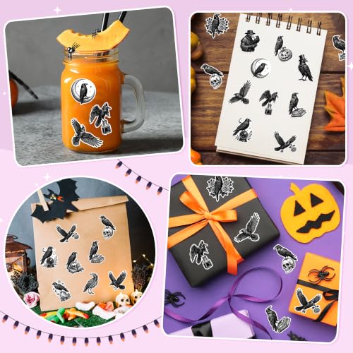 Image of Halloween Raven Bird Sticker for Laptop Water Bottle Scrapbook | 2 Rolls Gothic Vinyl Decals Waterproof Vinyl Strong Adhesion No Residue for Halloween Party Decor Scrapbook Journals