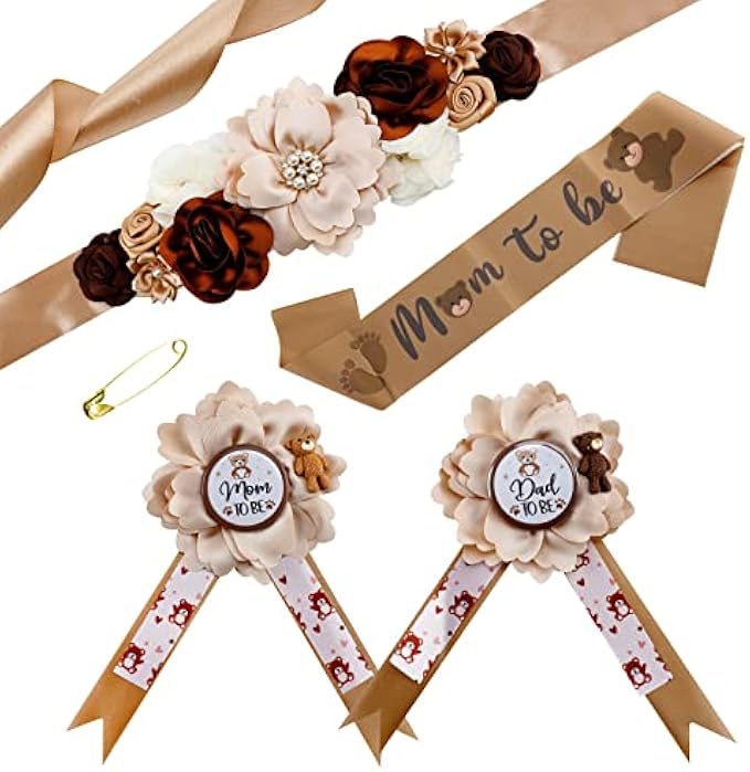 Brown Bear Baby Shower Decorations, Mom to Be Sash&Parents to Be Badges, Maternity Corsage Sash Kit, Brown Glitter Letters Sash for Baby Shower Maternity Gift(Bear Style)