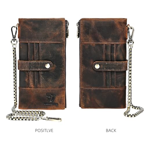 Image of Genuine Crazy Horse Leather Travel Gift Coin Pocket Card Case Long Organizer Chain Rfid Wallet Purse With Snap For Men Male 1803 1815 (1822 Brown)