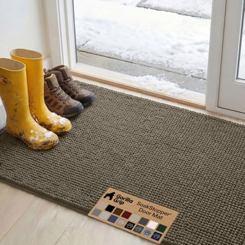 Image of Gorilla Grip Original Indoor Durable Chenille Doormat, 48x30, Absorbent Washable Inside Mats, Low-Profile Rug Doormats for Entry, Mud Room Mat, Back Door, High Traffic Areas, Cappuccino