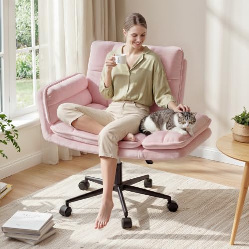 Image of DurayLoly Criss Cross Chair, Flip-Up Arms & Adjustable Height | Velvet, Thick Foam Seat,360 Swivel, Rolling Wheels, for Home Office, Bedroom, Makeup Room, Pink.