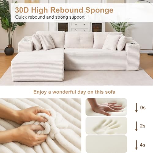 Image of Modular Sectional Sofa, 105 inch L Shaped Comfy Cloud Couch with Deep Seat, Boneless Couch for Living Room, Corduroy Modular Sofa with Chaise and Cup Holders, No Assembly Required, Beige