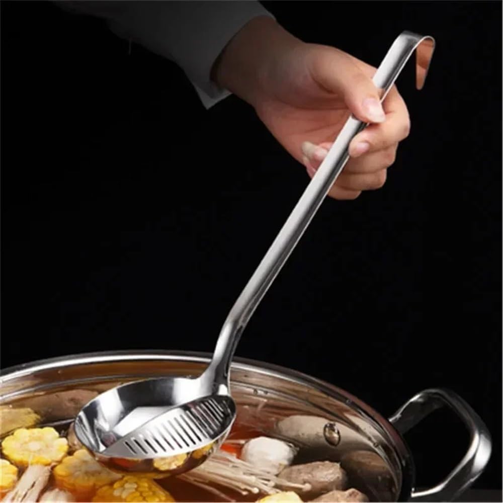 Ergonomica Cucchiaio da zuppa a doppio uso, manico lungo, mestolo da zuppa in acciaio inossidabile con filtro rimovibile, scolapasta da cucina, utensili da cucina per frullare(Small (27x7.7cm))