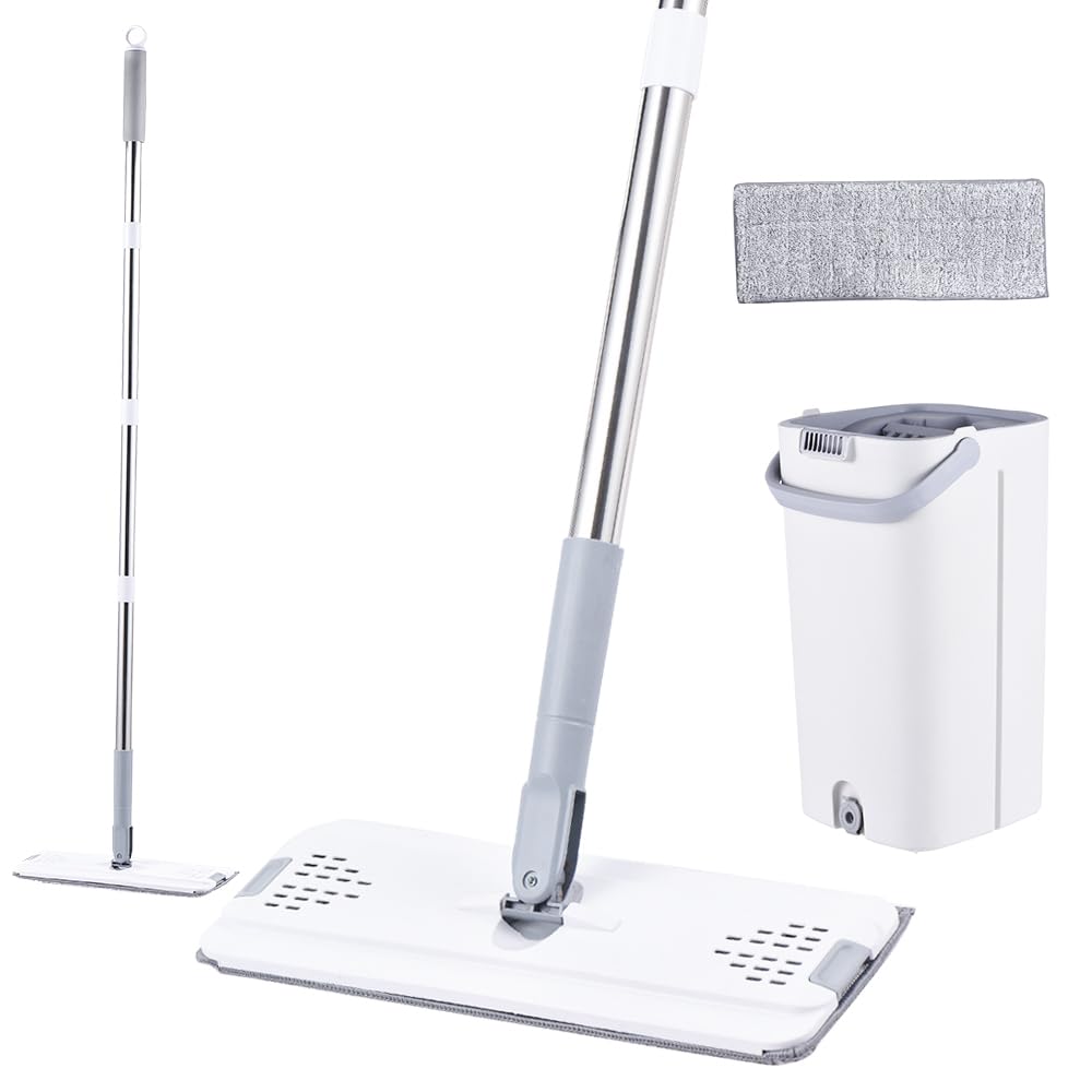 Kavolet Juego de mopa y Cubo con escurridor, Mango de Acero Inoxidable de 119,4 cm de Largo, Uso en seco y húmedo, con 2 Almohadillas de Microfibra, mopa Manos Libres para el hogar para Suelos