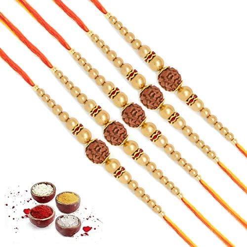 5 Pc Designer Rakhi Set for Brother and Bhabhi | Handmade Rudraksha & Pearl Rakhi with Roli Chawal | Traditional Gift Combo for Raksha Bandhan 2025-image-24