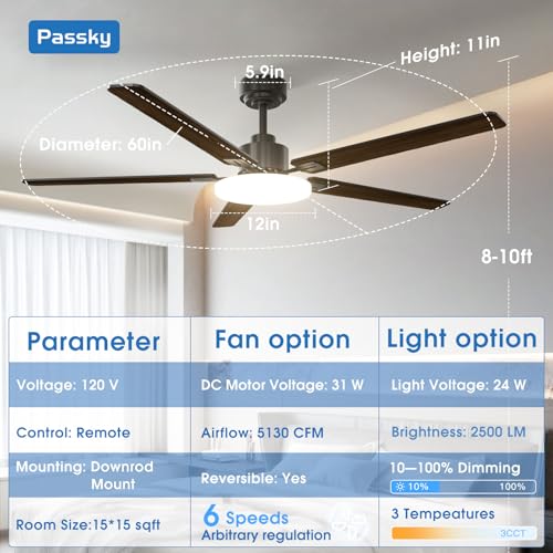 Image of Passky Ceiling Fans with Lights, 60 inch Sleek Ceiling Fan with Light and Remote Control, 3CCT, Dimmable, Reversible, Noiseless, Black Ceiling Fan for Bedroom, Living Room