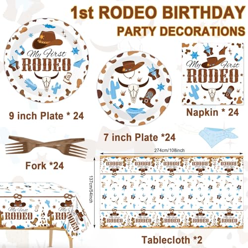 Image of gisgfim 24 Guests My First Rodeo Plates and Napkins First Rodeo Paper Plates Birthday Party Supplies Western Blue Cowboy 1st Rodeo Party Birthday Tableware Set Decorations for Boy Baby Shower 98PCS