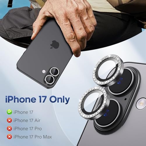 Image of for iPhone 17 Camera Lens Protector Bling, Individual Diamond Metal Ring with 9H Hardness, Scratch-Proof Camera Screen Protector, Stylish Accessories, Case Friendly (Black)